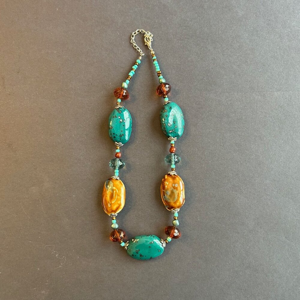 Teal and brown beaded necklace